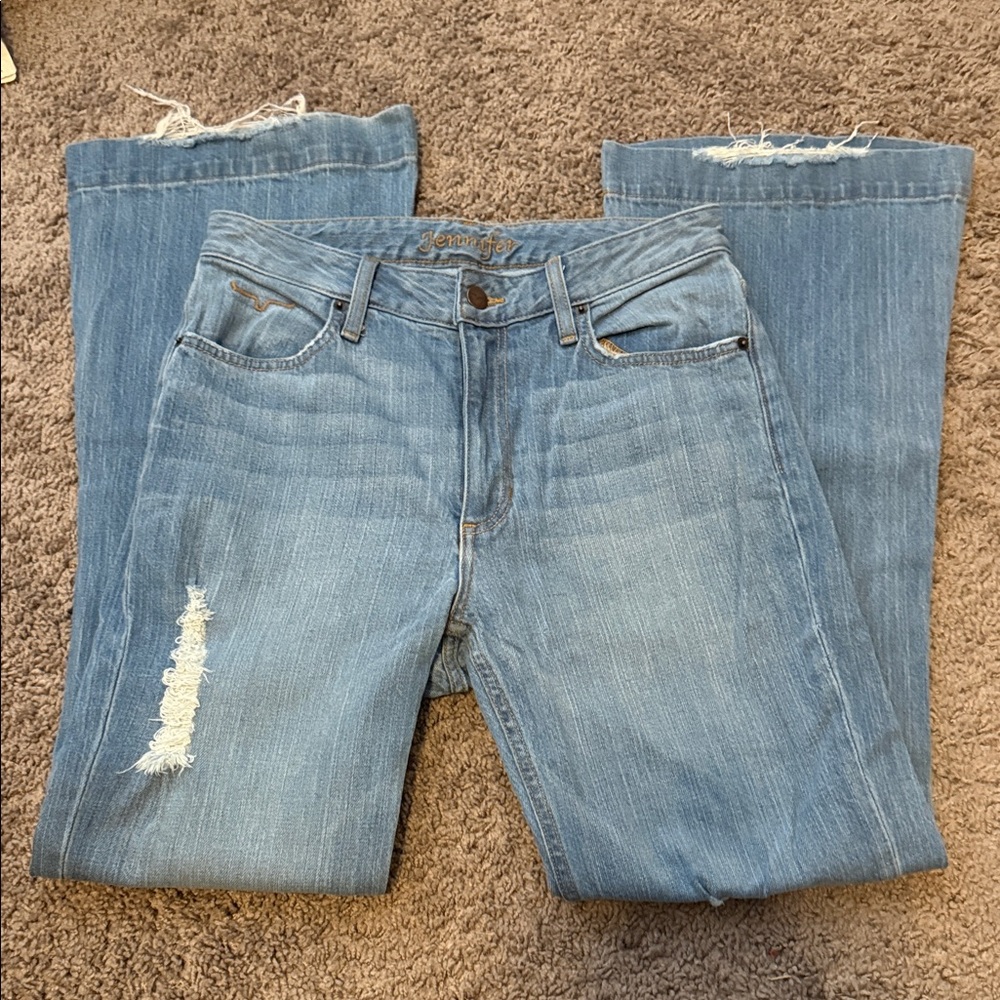 Kimes Ranch Women's Distressed Blue Flare Jeans